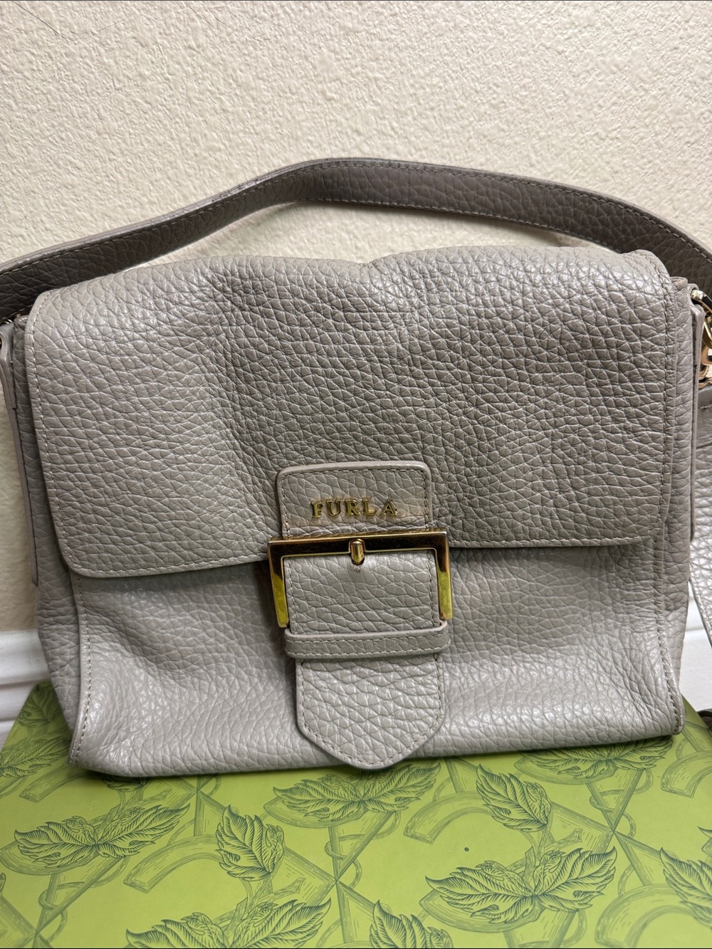Furla Pebbled Light Gray Leather Shoulder Bag with Buckle